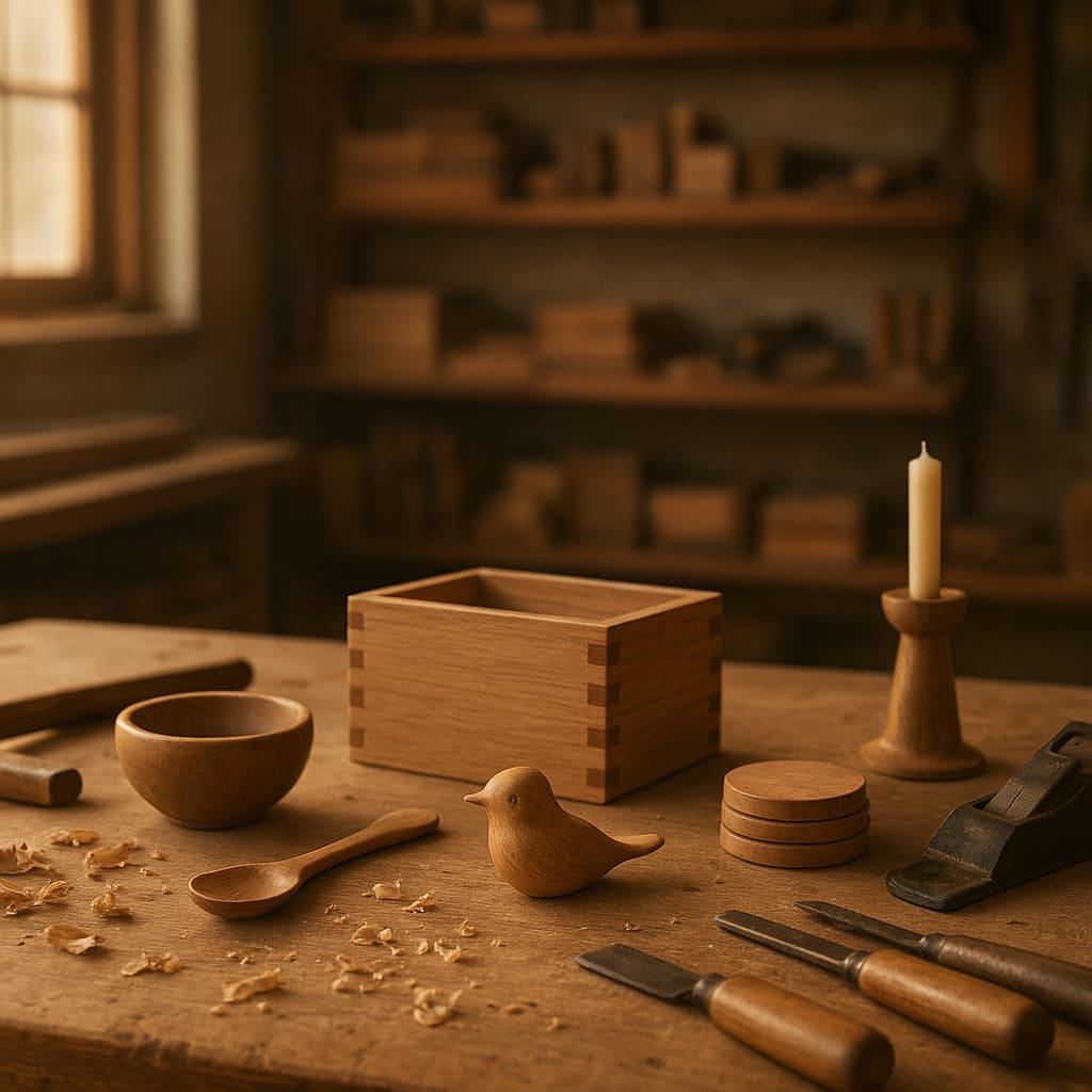 Gemütliches Holzatelier mit handgemachten Geschenkobjekten