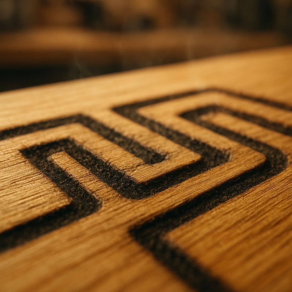 Nahaufnahme einer Gravur auf Holz